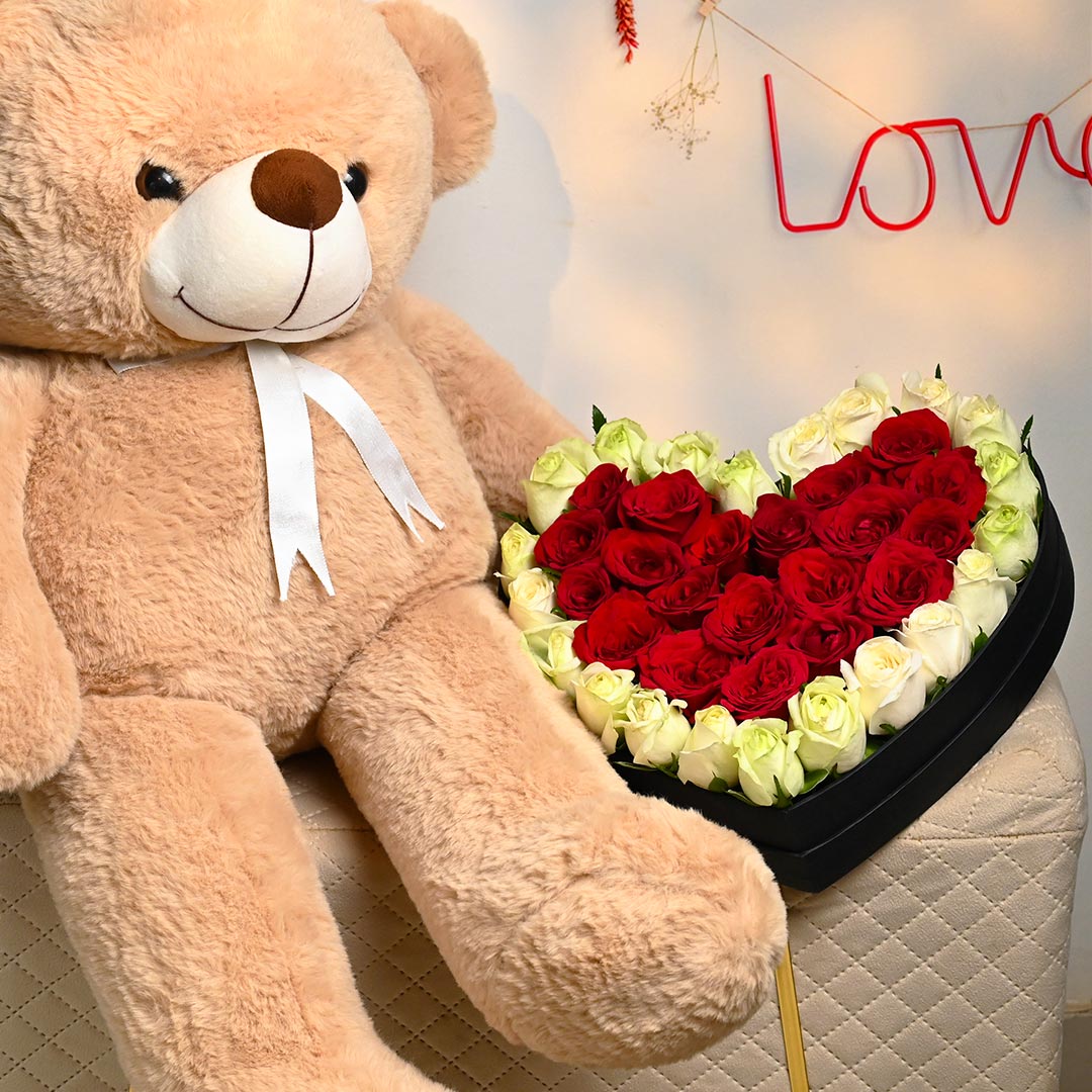 A Cute Teddy With Heart Red Rose