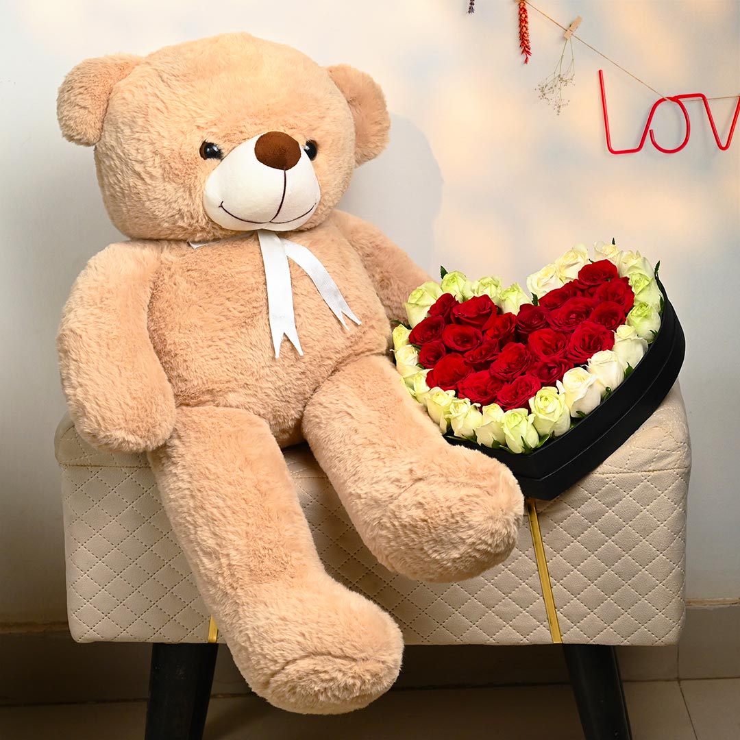 Send A Cute Teddy With Heart Red Rose