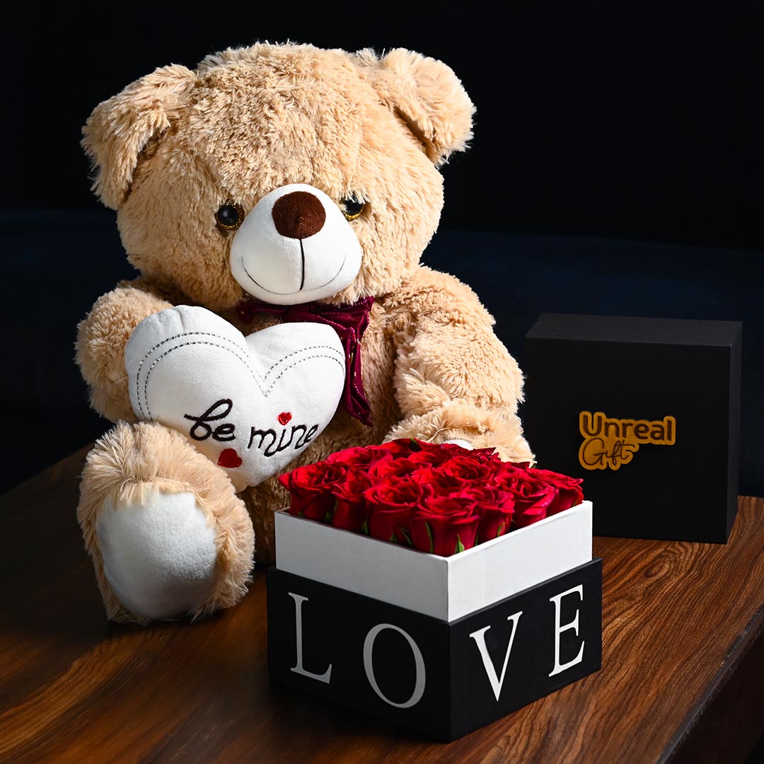 Be Mine Teddy With Red Rose Box