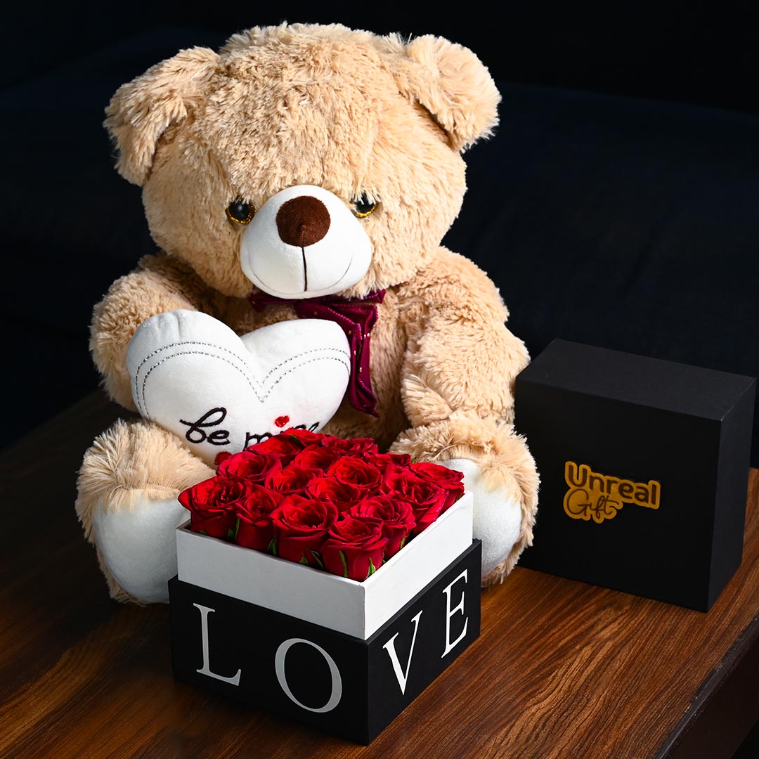 Be Mine Teddy With Red Rose Box