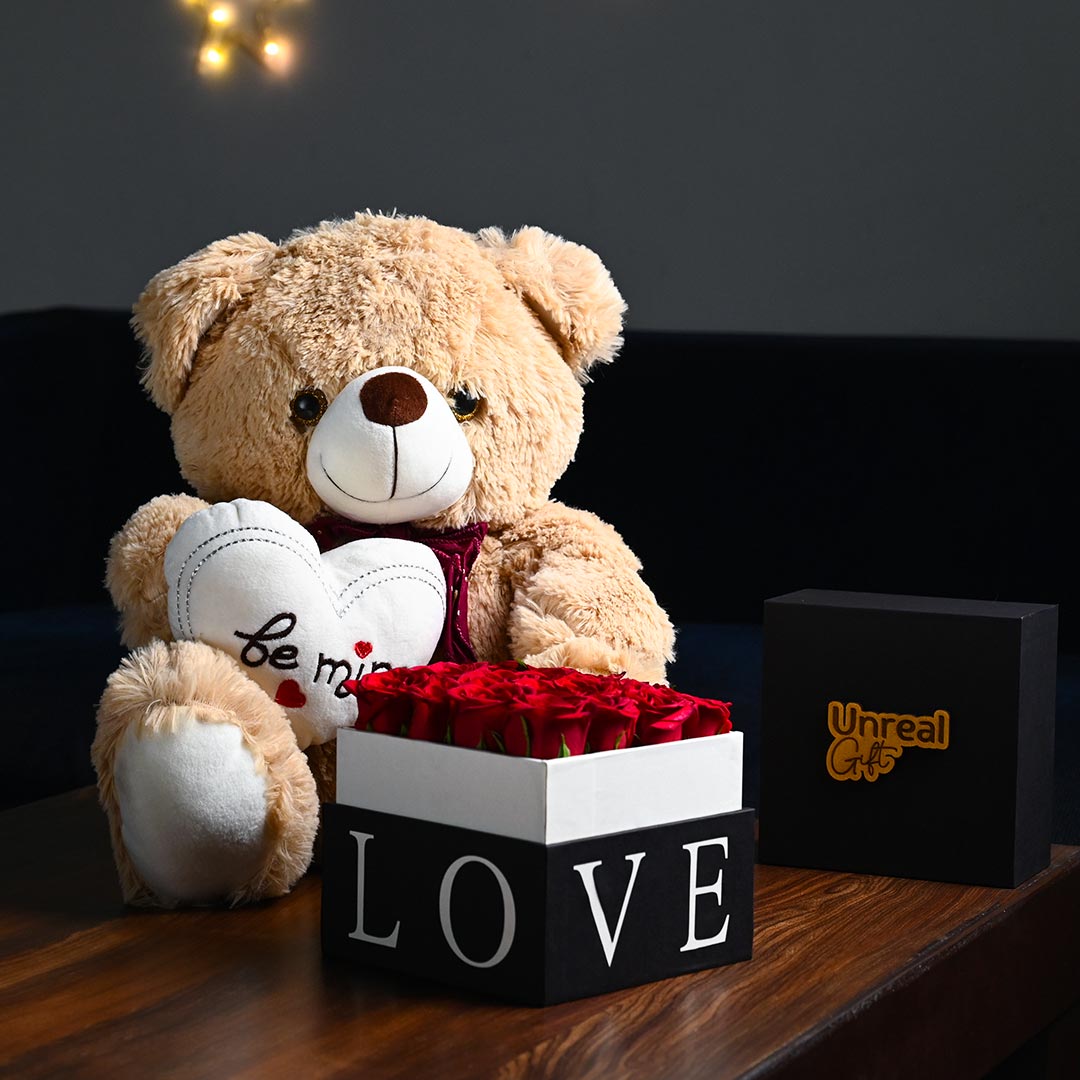 https://www.unrealgift.com/Be Mine Teddy With Red Rose Box