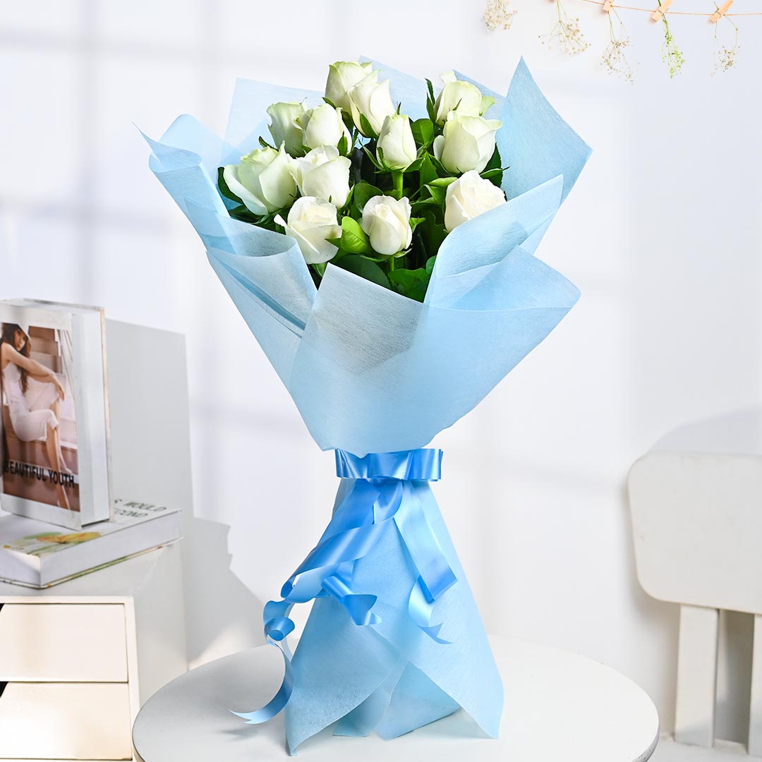 Blossom White Roses In Blue Wrapper