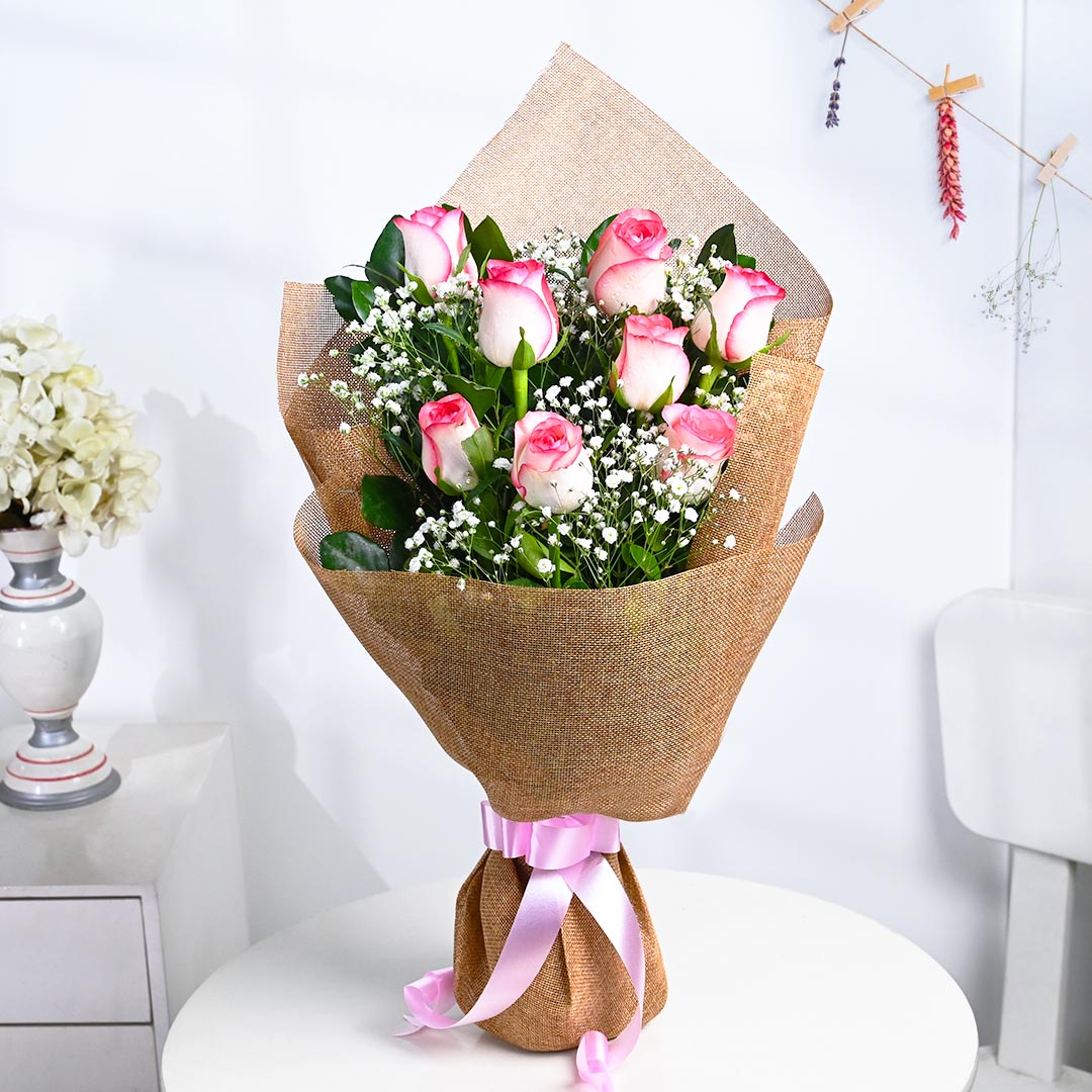 Charming Pink Roses With Baby's Breath Send Now