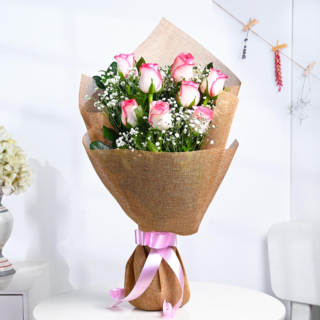 Charming Pink Roses With Baby's Breath