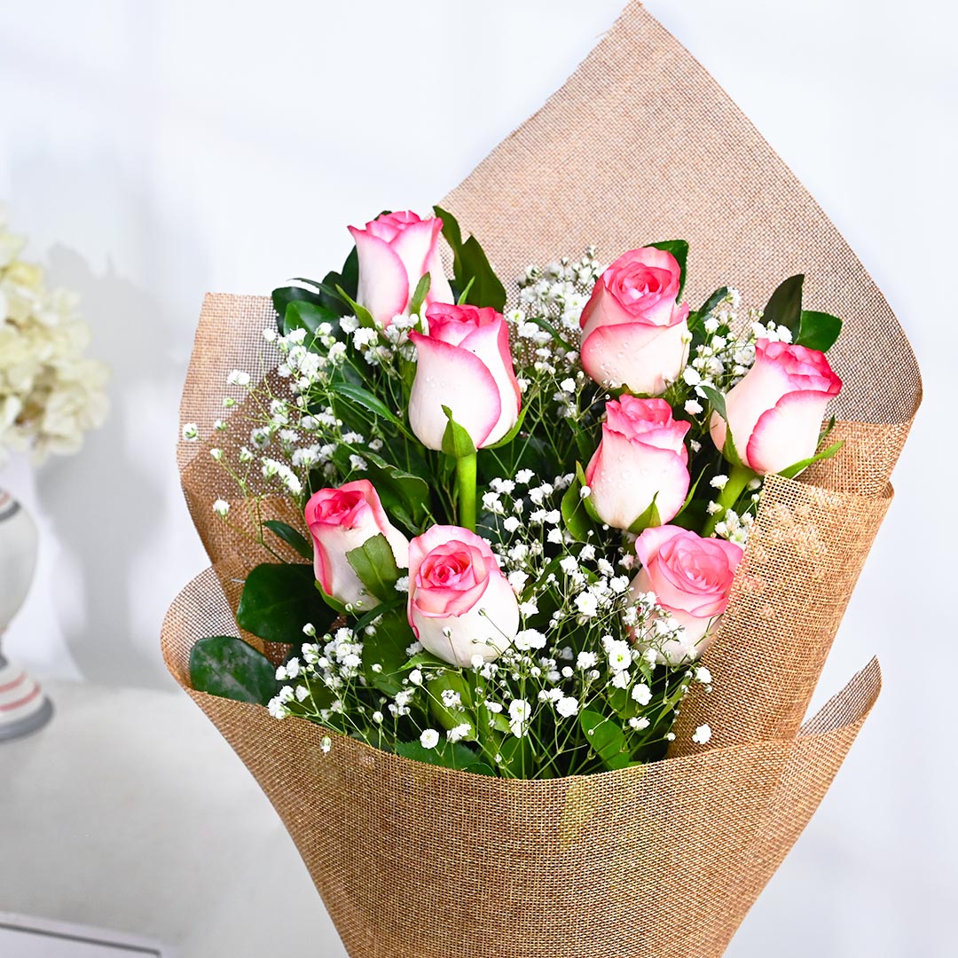 Charming Pink Roses With Baby's Breath