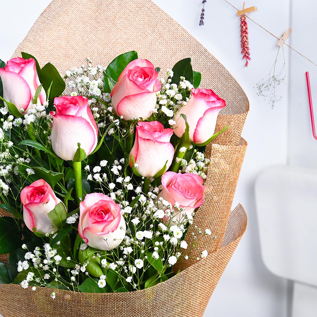 Charming Pink Roses With Baby's Breath