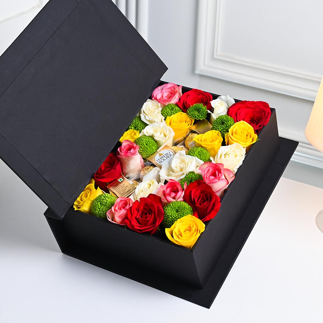 Colorfully Roses N Ferrero Rocher Chocolates In Book Box