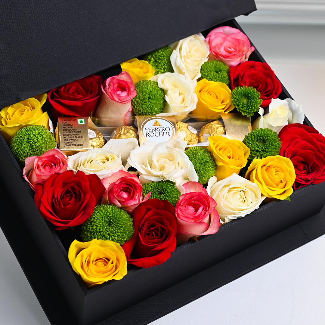 Colorfully Roses N Ferrero Rocher Chocolates In Book Box