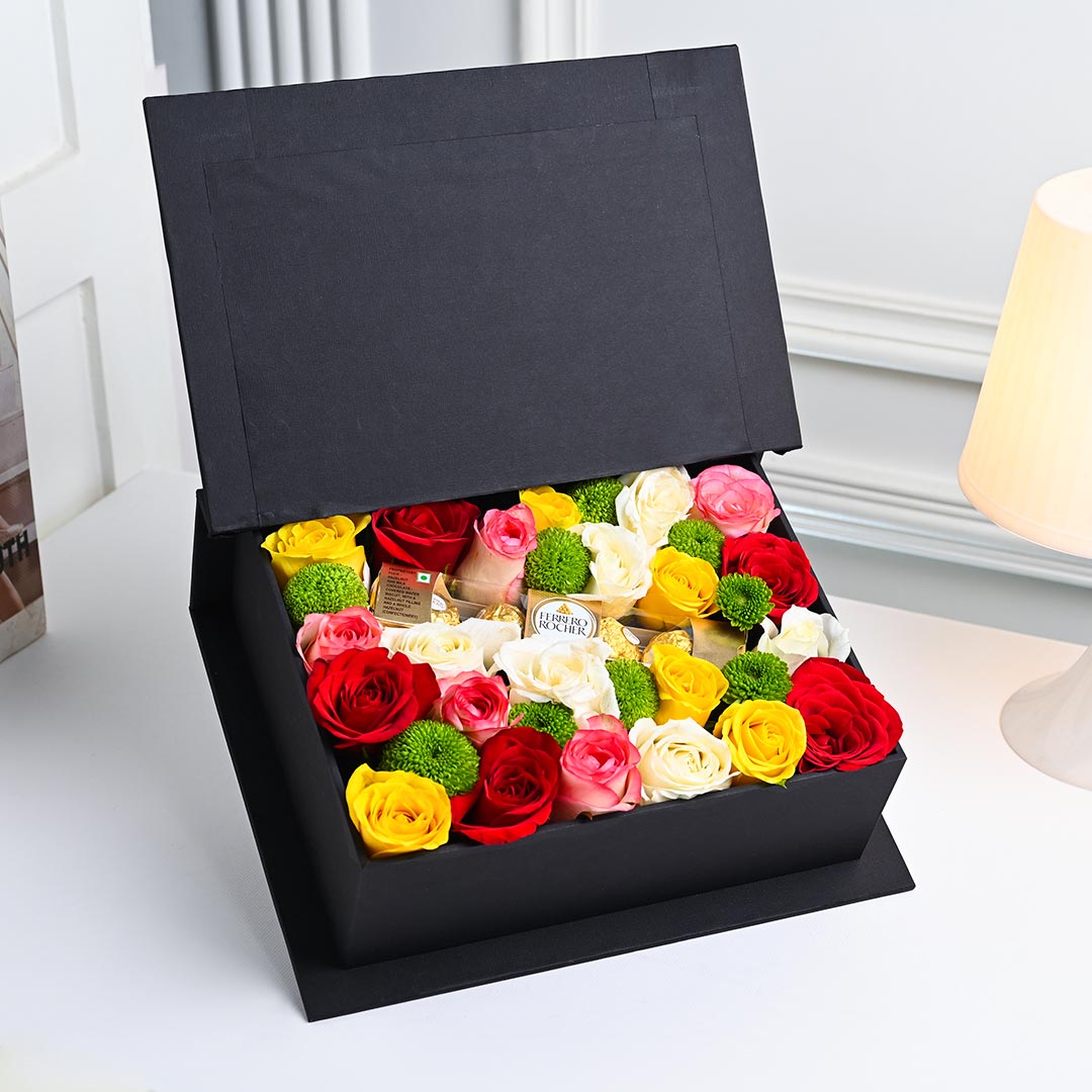 https://www.unrealgift.com/Colorfully Roses N Ferrero Rocher Chocolates In Book Box