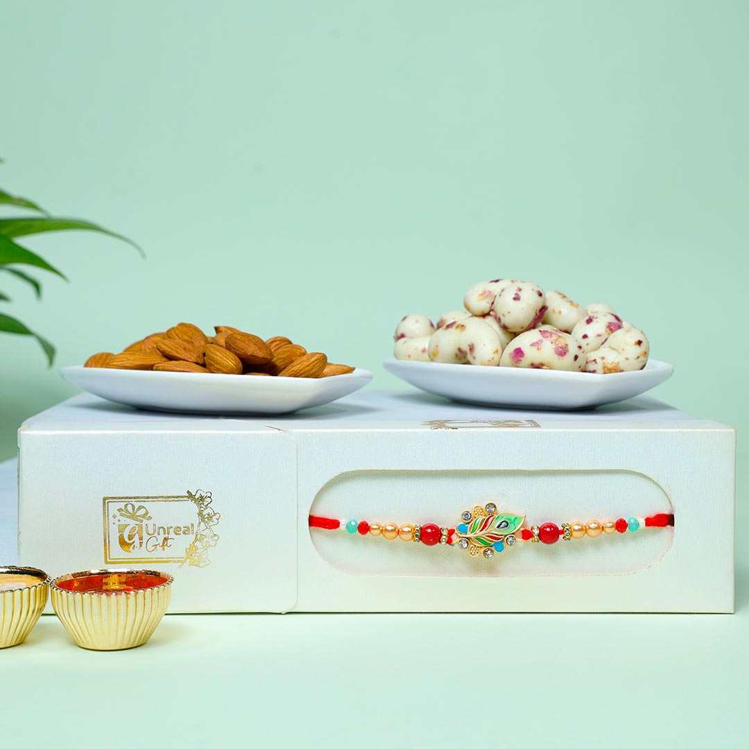 Colourful Rakhi With Almonds & Kaju Malai Dragees