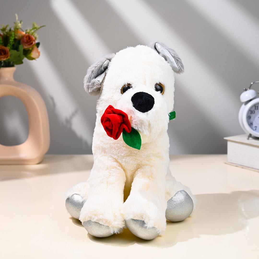 Cuddly Dog Toy With Red Rose