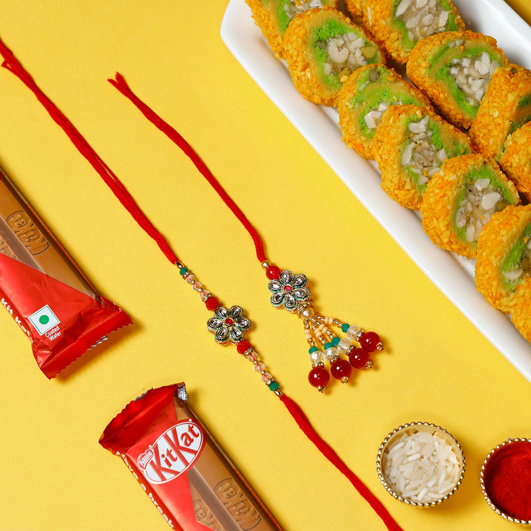 Designer Lumba Rakhi with Kitkat & Pista Barfi