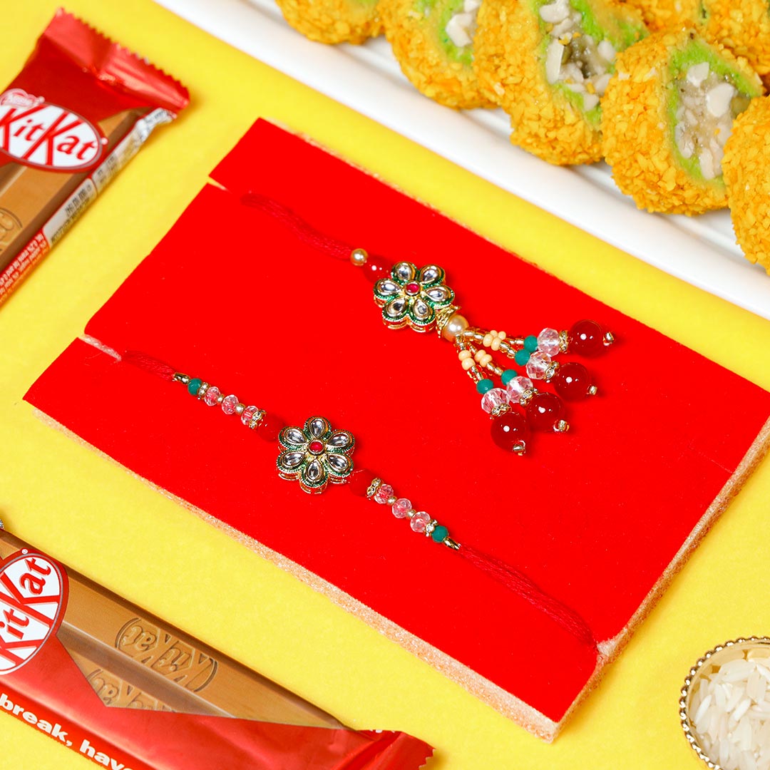 Designer Lumba Rakhi with Kitkat & Pista Barfi