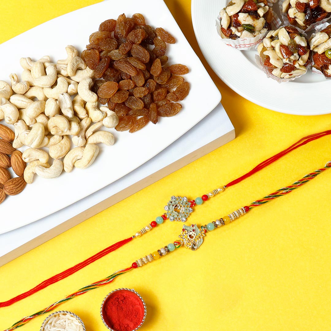 Due Om Designer Rakhi Set With Dry Fruits