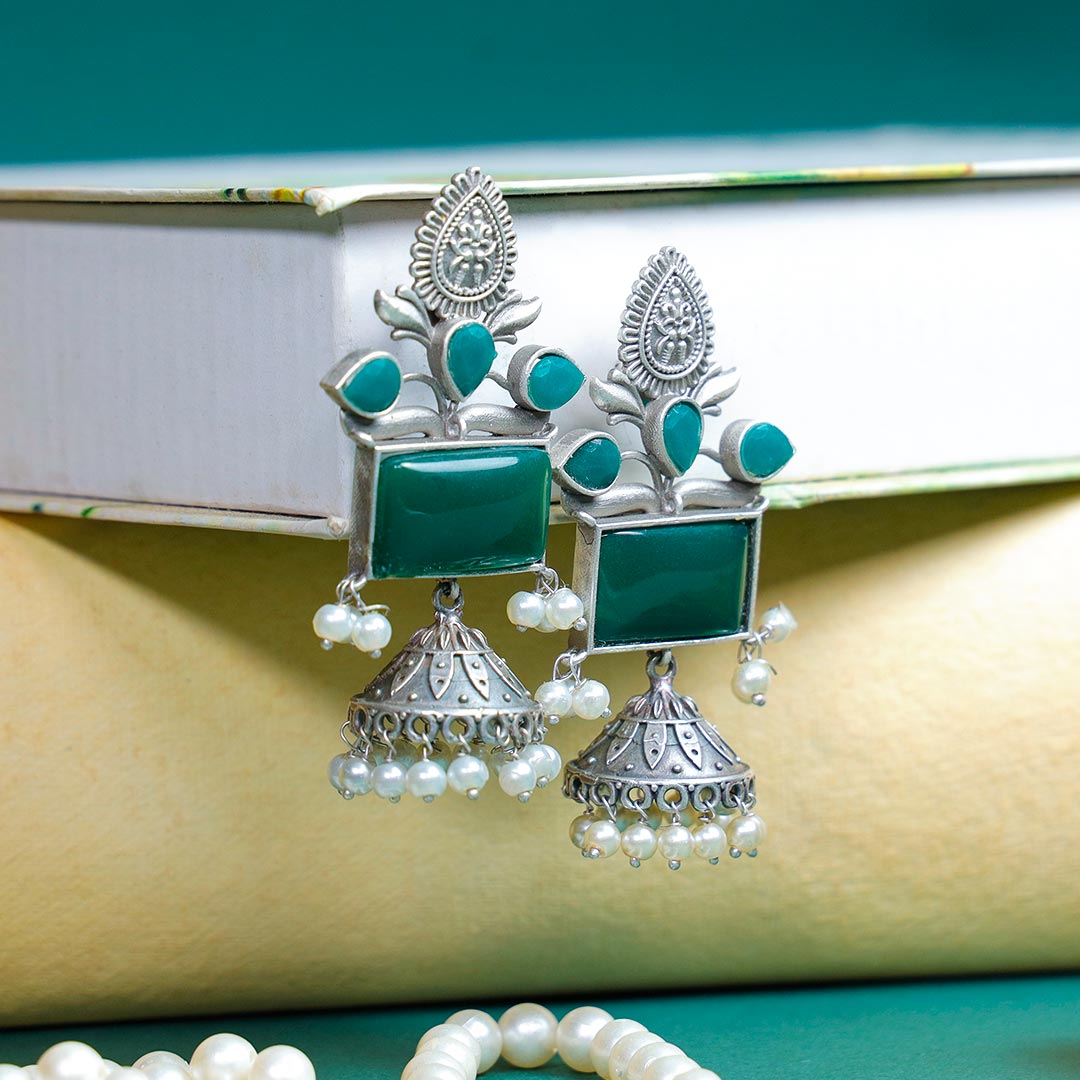 Elegant Green Stone Studded Earrings