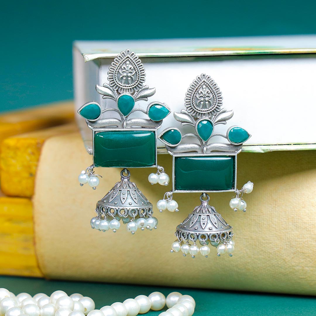 Elegant Green Stone Studded Earrings