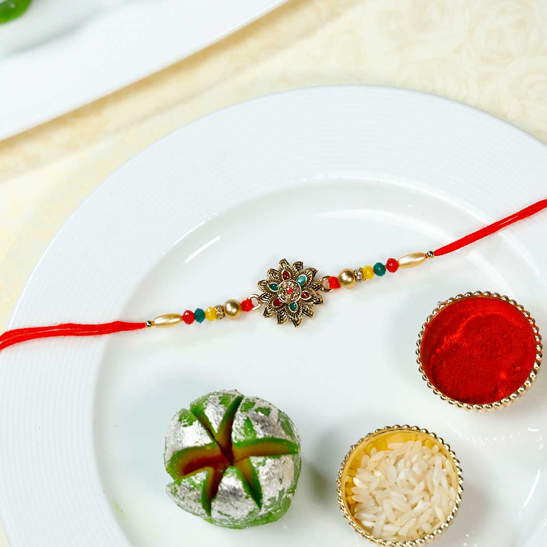 Embedded Stone Rakhi & Kaju Phool Sweets