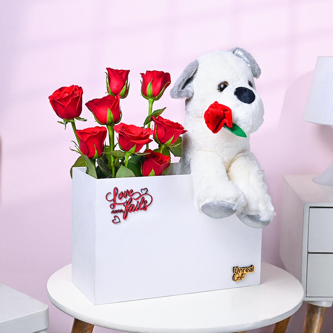 Eternal Love In Red Roses With Cute Puppy