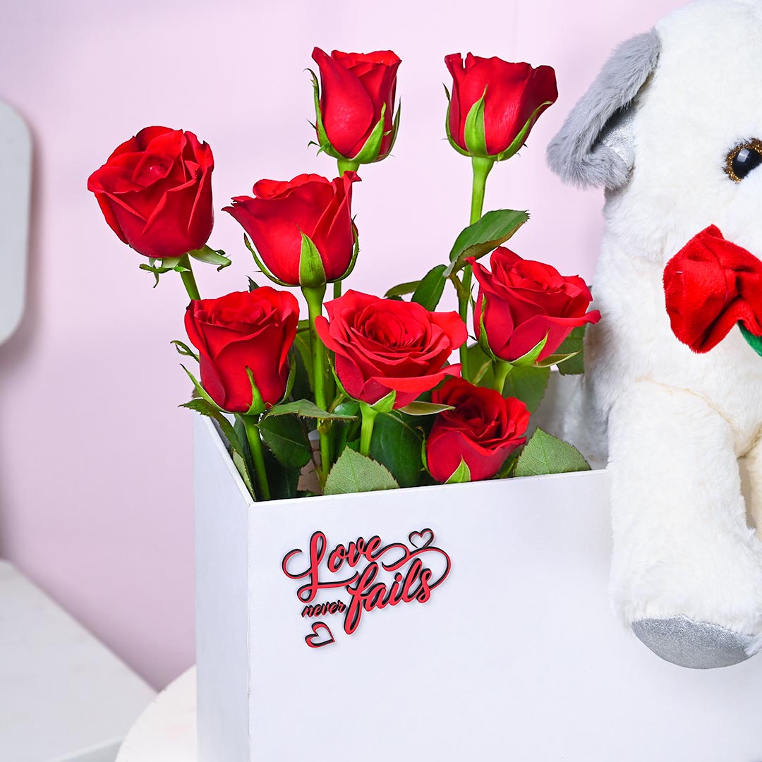 Eternal Love In Red Roses With Cute Puppy