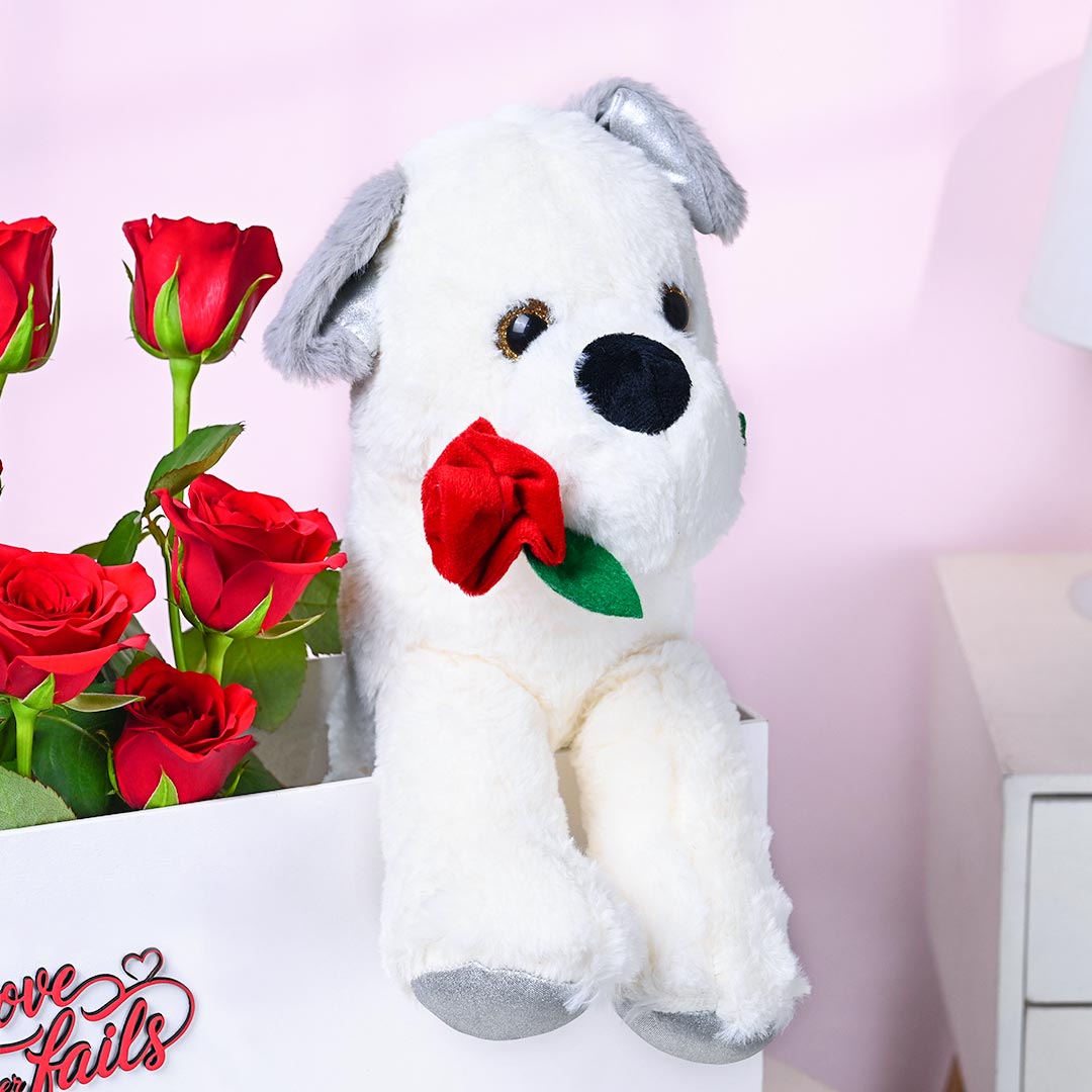 Eternal Love In Red Roses With Cute Puppy