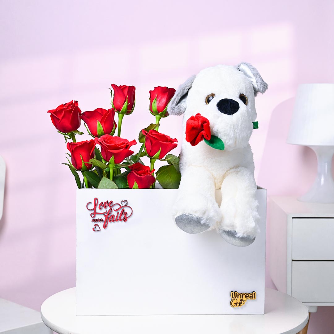 Eternal Love In Red Roses With Cute Puppy