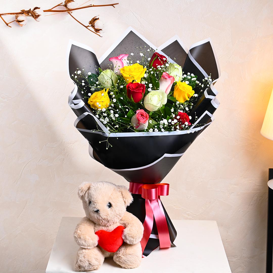 Fantastic Rose Bouquet N Cute Teddy