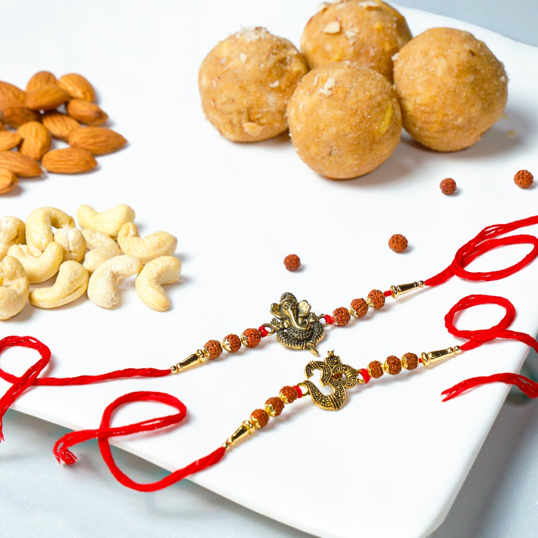 Ganesha & Om rakhi With Dry Fruits N Panjiri Laddoo