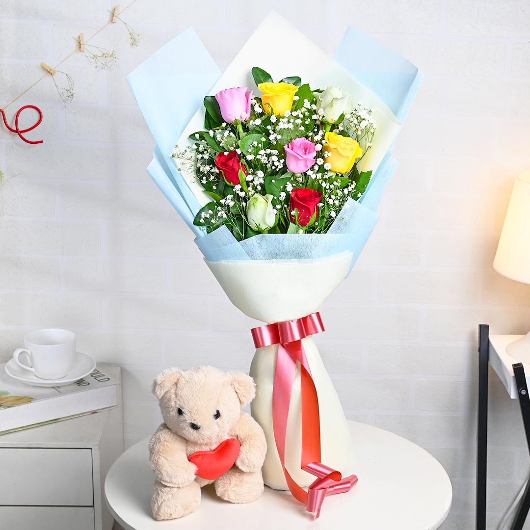 Garden Mix Roses N Cuddly Teddy Buy Online