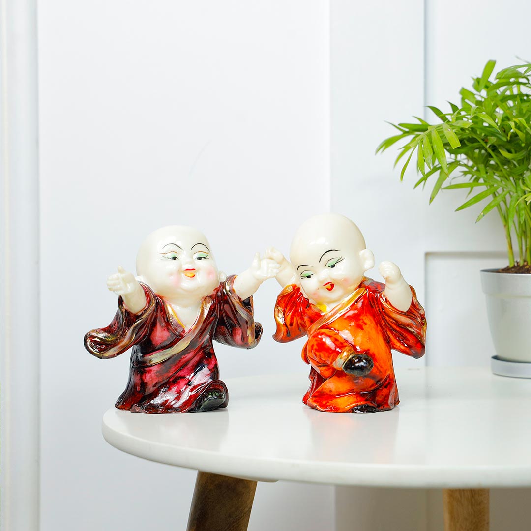 Happy Duo Laughing Buddha And Chamendora Plant