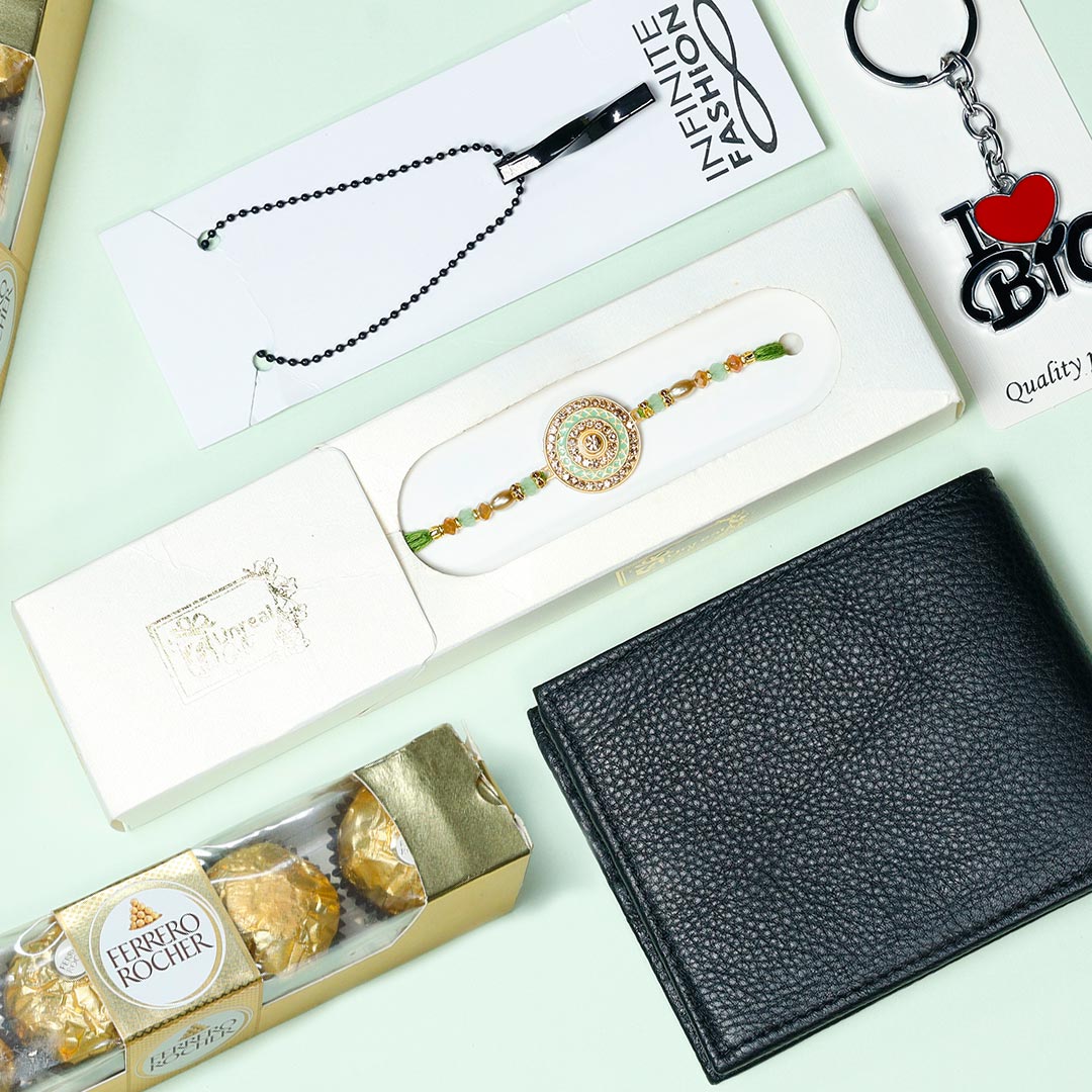 Lovely Designer Rakhi with Men's Accessories & Ferrero Rocher