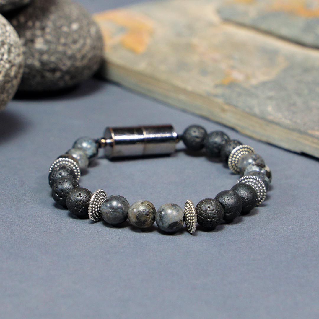 Natural Lava with Pyrite Bead Magnetic Bracelet