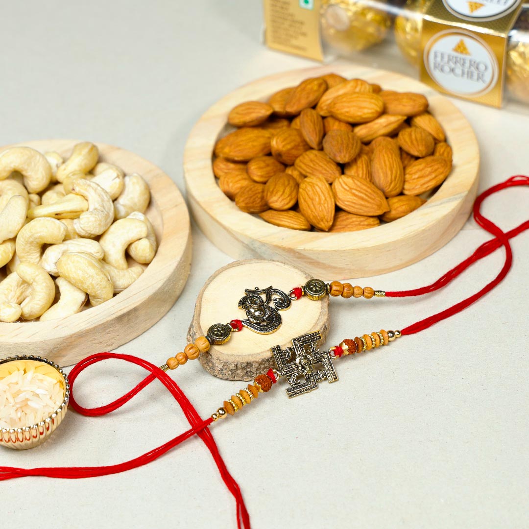 Om & Swastika Rakhi Set With Dry Fruits & Chocolate