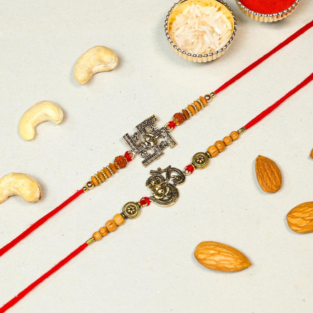 Om & Swastika Rakhi Set With Dry Fruits & Chocolate