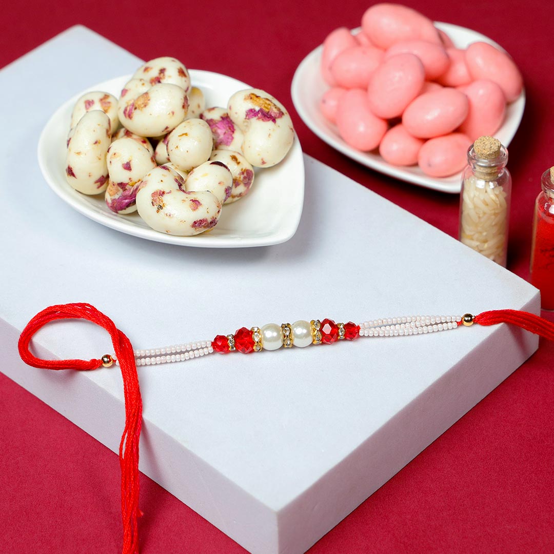 Pearl Rakhi With Dragees & Kaju Malai