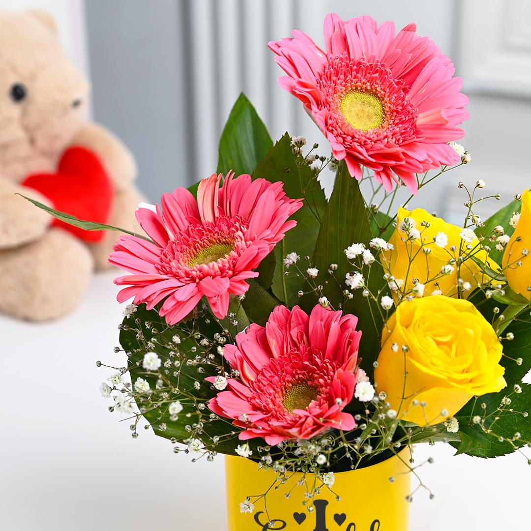 Pink Gerbera and yellow Rose Combo