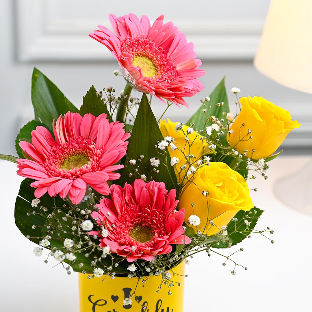 Pink Gerbera and yellow Rose Combo