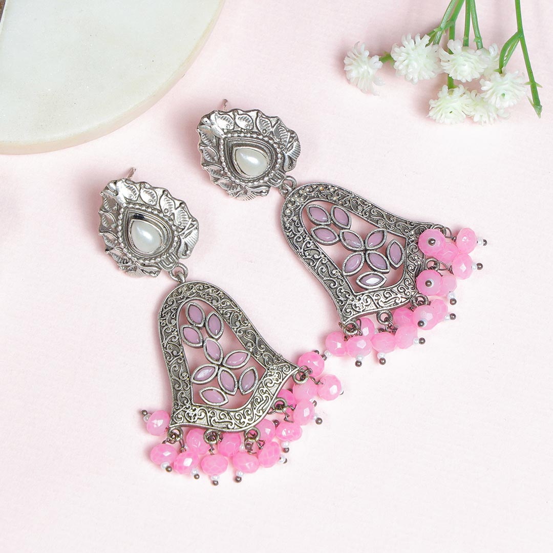 Pink Beads Silver Replica Earrings