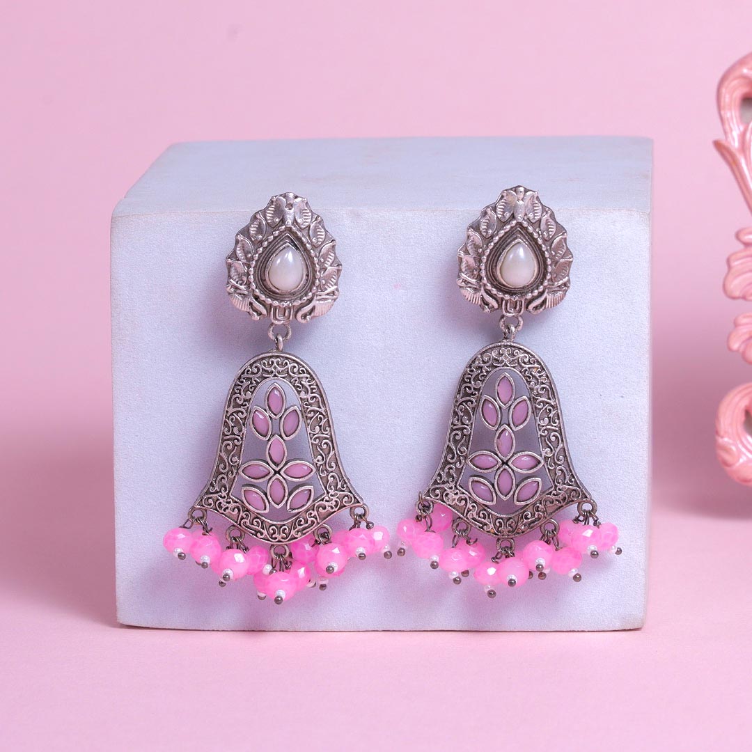 Pink Beads Silver Replica Earrings