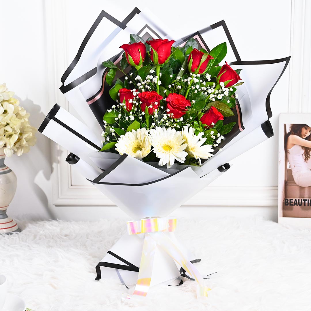 Princess Red Rose Bouquet N White Gerberas