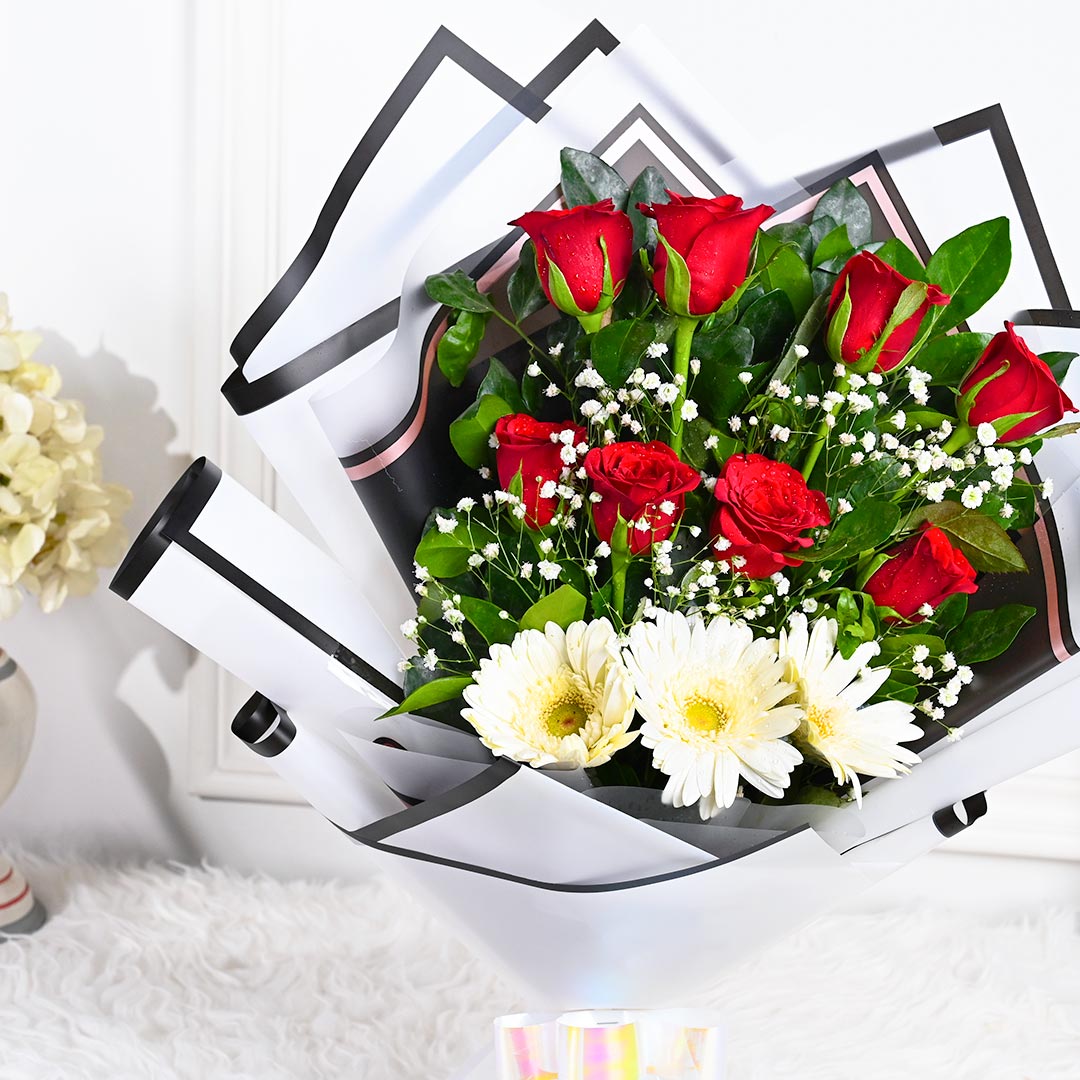 Princess Red Rose Bouquet N White Gerberas