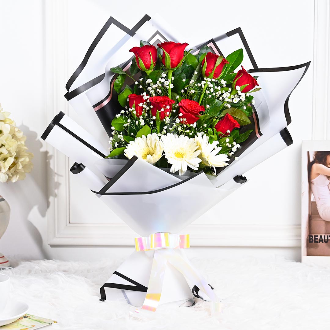 Princess Red Rose Bouquet N White Gerberas