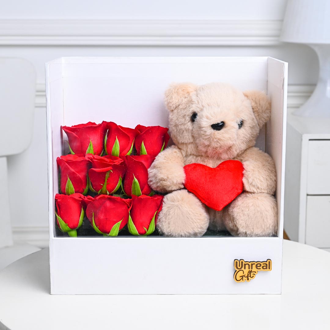 Red Roses Bunch With Cudly Teddy