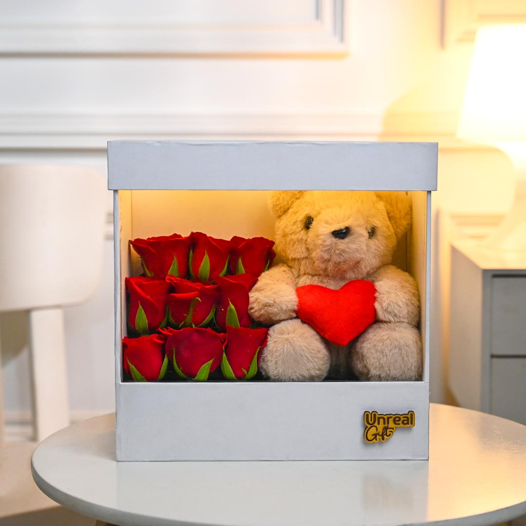 Red Roses Bunch With Cudly Teddy