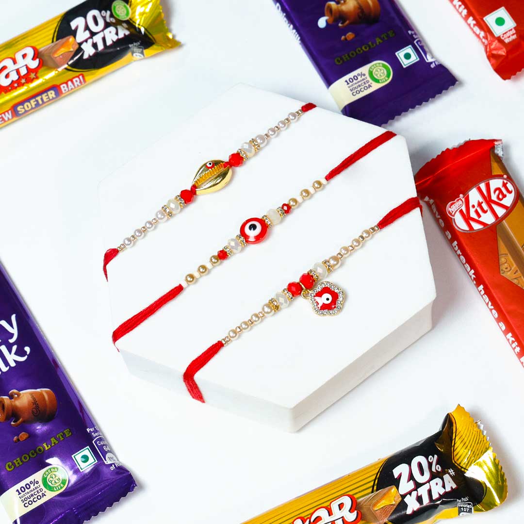 Red Stone 3 Rakhi Set & Chocolates