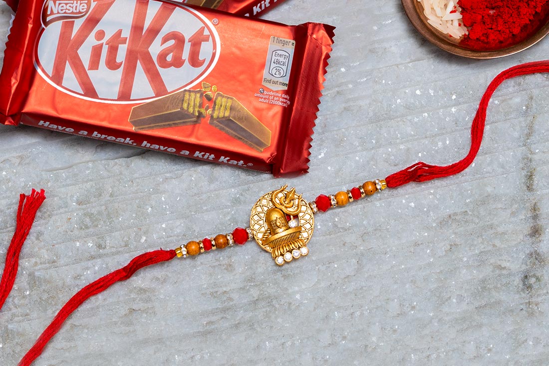 Shiva Rakhi With Red Thread And Kitkat Combo