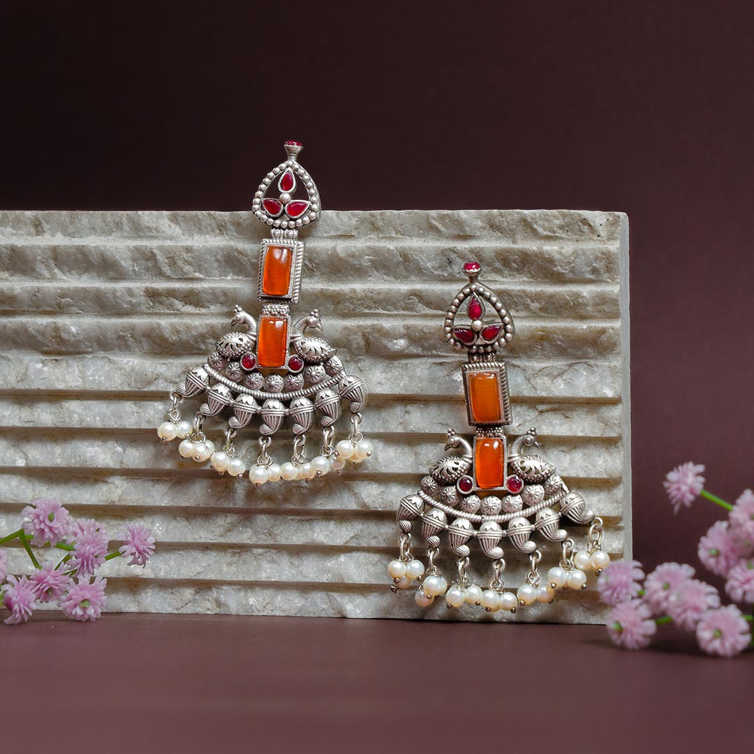 Stone N Pearl Silver Replica Drop Earrings