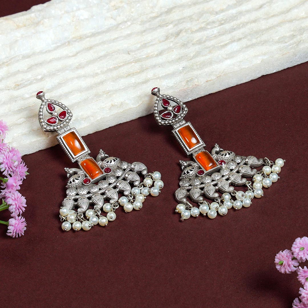 Stone N Pearl Silver Replica Drop Earrings