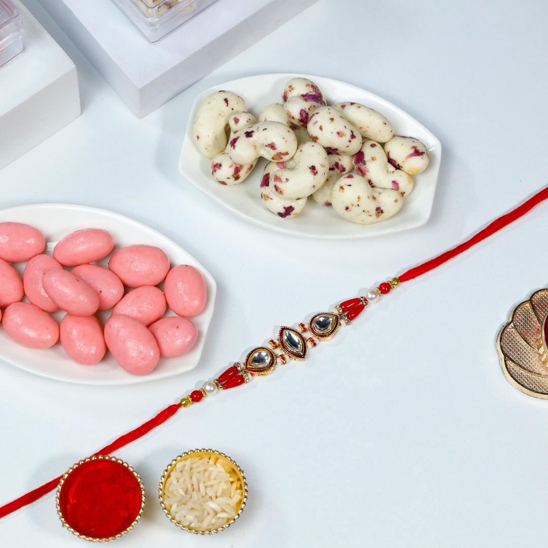 Stone Rakhi With Kaju Malai & Strawberry Almond Dragees