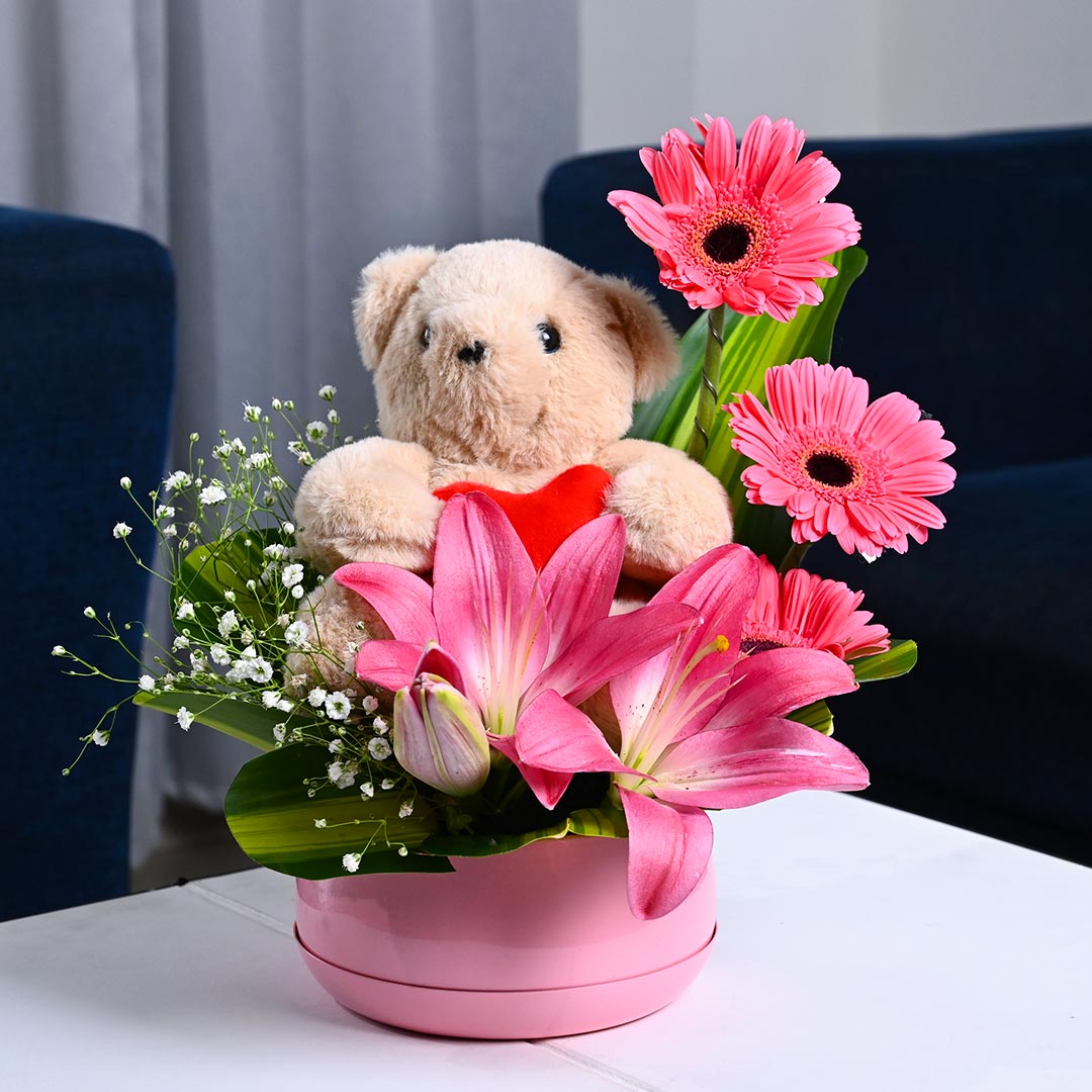 Teddy and Gerbera Combo Bouquet Order Now