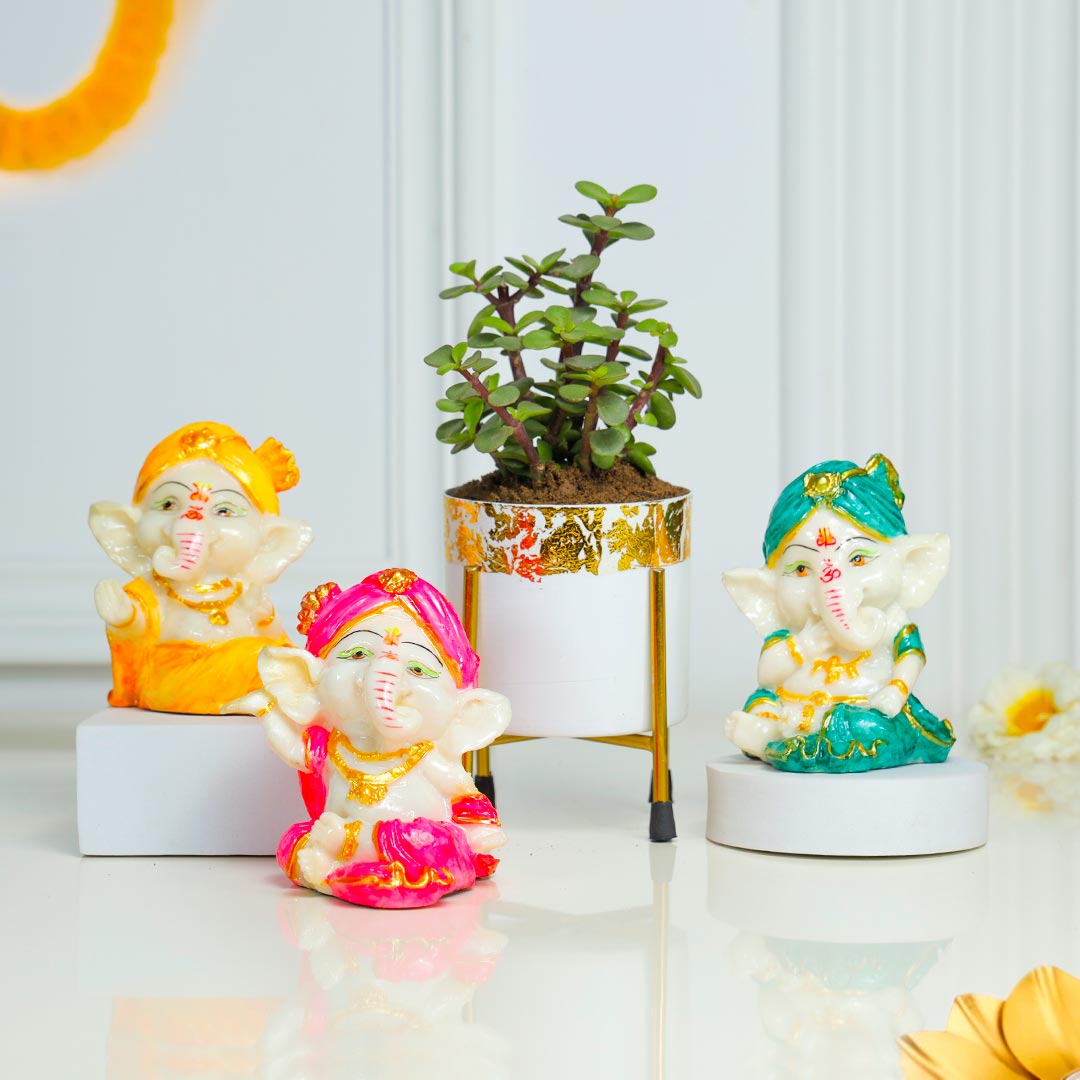 Three Adorable Baby Ganesha With Jade Plant